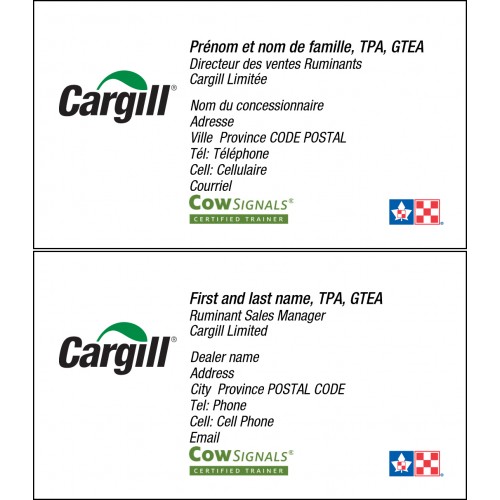  CARTES DE VISITE RECTO-VERSO CARGILL PURINA VACHE SIGNAUX BILINGUES